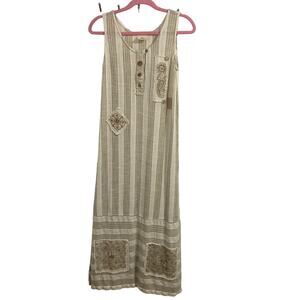 Pear hippie lagenlook boho earthy gauzy linen floral patchwork maxi dress size M